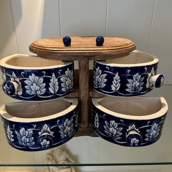 Apothecary Chest Latch Drawers Blue White Ceramic HEAVY Wood Bohemian Boho Decor - Picture 2 of 13